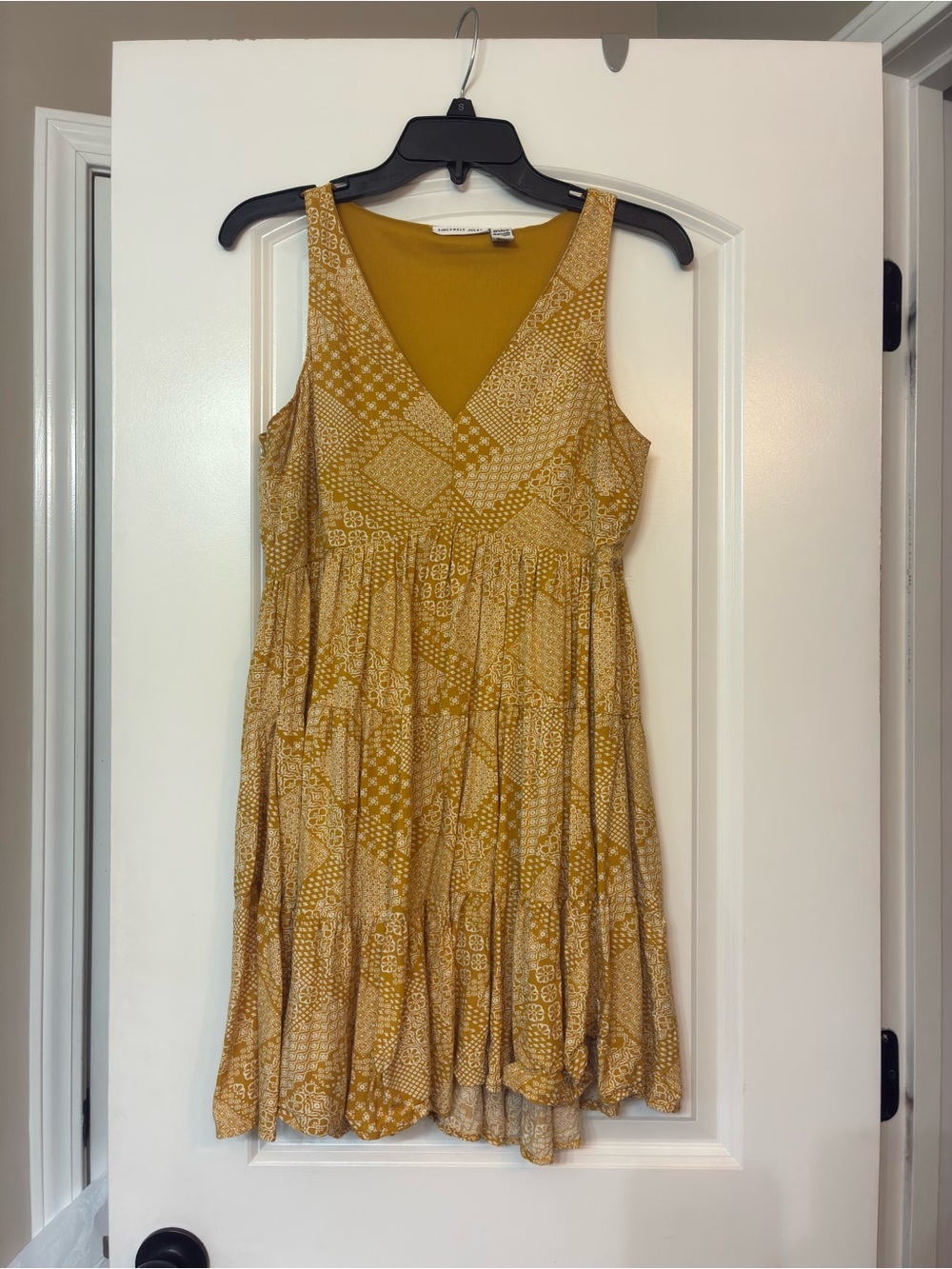 Sincerely Jules Mustard Patchwork V-Neck Mini Dress